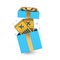 Travel, Journey or Business Fly Concept. Cartoon Stylized Airline Boarding Pass Airplane Tickets in Blue Gift Box with Golden