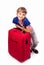 Travel. Journey. Tourism. Cute little girl and big red suitcase isolated on white background