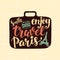 Travel label with hand written lettering inscription in suitcase silhouettes