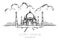 Travel landmark destination set, Taj Mahal hand drawing concept design black and white color illustration