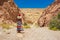 travel life style poster photography of woman back to camera stay on picturesque Israeli landscape scenic view view with sand