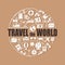 Travel line icons in globe shape. Travel the world - vector illustration concept for cover card, brochure or magazine