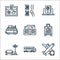 travel line icons. linear set. quality vector line set such as airplane, train, park, luggage, wallet, van, passport, beach