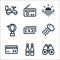 travel line icons. linear set. quality vector line set such as binoculars, beer, debit card, jellyfish, money, hot air balloon,