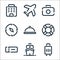 Travel line icons. linear set. quality vector line set such as luggage, ship, ticket, lifebuoy, dish, compass, camera, airplane