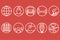 Travel line icons. White outline of a train, ship, cars, air, trains, umbrellas on a red background