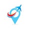 Travel location logo design. Pin sign. Airplane symbol.