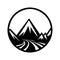 Travel logo with mountains silhouette, symbolizing exploration, discovery, and wanderlust. Black round adventure icon