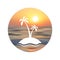 Travel logo. Touristic background. Silhouette of palm tree on unfocused sunset background.