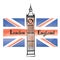 Travel London city famous building and flag. Great Britain background