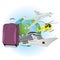 Travel, luggage, cruise liner, helicopter, airplane, flat vector illustration, apps, banner