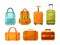 Travel luggage, metal backpacks, plastic case and leather bag. Travel suitcase with wheels, journey package, business travel bag,