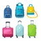 Travel luggage, metal backpacks, plastic case and leather bag. Travel suitcase with wheels, journey package, business travel bag,