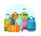 Travel luggage, metal backpacks, plastic case and leather bag. Travel suitcase with wheels, journey package, business travel bag,