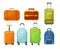 Travel luggage, metal backpacks, plastic case and leather bag. Travel suitcase with wheels, journey package, business travel bag,