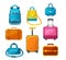 Travel luggage, metal backpacks, plastic case and leather bag. Travel suitcase with wheels, journey package, business travel bag,