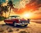 Travel luxury car 1970s on a tropical beach Sunset trip on Palm Beach.