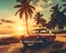 Travel luxury car 1970s on a tropical beach Sunset trip on Palm Beach.