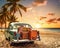 Travel luxury car with luggage for relaxing on a tropical beach.