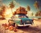 Travel luxury car with luggage for relaxing on a tropical beach.