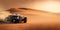 Travel, luxury hot rod cabriolet car on a sandy desert race. sunset trip on sand dunes, travel and summer holiday celebration.