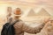 Travel man in hat background pyramid of Egyptian Giza and Sphinx, sunset Cairo, Egypt