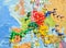 Travel map of Europe with colorful pins