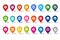 Travel map pin icons vector set. Colorful navigation map pins button with different sign for map and marker isolated.