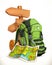 Travel. Map, tourist backpack and road sign. vector icon