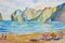 Travel Maya Bay in Thailand - Watercolor painting seascape colorful of tourism ocean beach