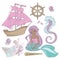 TRAVEL MERMAID Sea Ocean Summer Cruise Vector Illustration Set