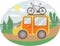 Travel minivan with bicycle on the top. Family summer travel concept. Country landscape around.