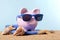 Travel money planning, vacation savings, Piggy Bank beach vacation