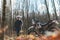 Travel motorcycle off road Motorcyclist gear, A motorcycle driver looks in autumn forest, adventure concept, active lifestyle,