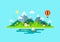 Travel mountains island landscape and sailing color flat concept