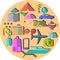 Travel multicolored set icons in beige circle