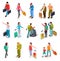 Travel people isometric set. Men, women and kids with luggage. Tourist family, passengers and baggage. Tourism vector