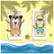 Travel pets. Vector illustration with relax dog and cat on the sand beach