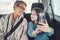 Travel, phone and selfie with girl and grandmother in car for road trip adventure on vacation for holiday