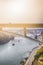 Travel Places Ideas. Line of Tourist Boats and Porto Cityscape at Daytime with Ponte Infante D Henrique in Background in Portugal