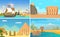 Travel places landscapes. Italy Greece Egypt and Safari in Africa. World tourism reopen vector banners