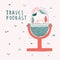 Travel podcast logo design. Minimalist microphone and outdoor landscape with mountains and a tent, nature adventure explorer