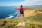 Travel in Point Reyes National Seashore, man Hiker with backpack enjoying view, California, USA