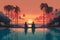 travel pool romantic honeymoon relax couple vacation sunset swimming back. Generative AI.