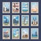 Travel postage stamps. Vintage stamp with national landmarks, retro stamping postmark world attractions and most popular