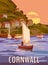 Travel Poster Cornwall, Vintage, South West England, United Kingdom. Travel poster coast, buikdings, sailboats, sunset