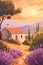 Travel poster of Provence, France with little cottage, lavender and picturesque view