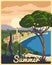 Travel poster retro old city Mediterranean sea vacation Europe. Holiday summer voyage seaside sunset. Vintage style