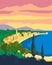 Travel poster retro old city Mediterranean sea vacation Europe. Holiday summer voyage seaside sunset. Vintage style