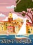 Travel Poster Saint-Tropez France, old city Mediterranean, retro style. Cote d Azur of Travel sea vacation Europe